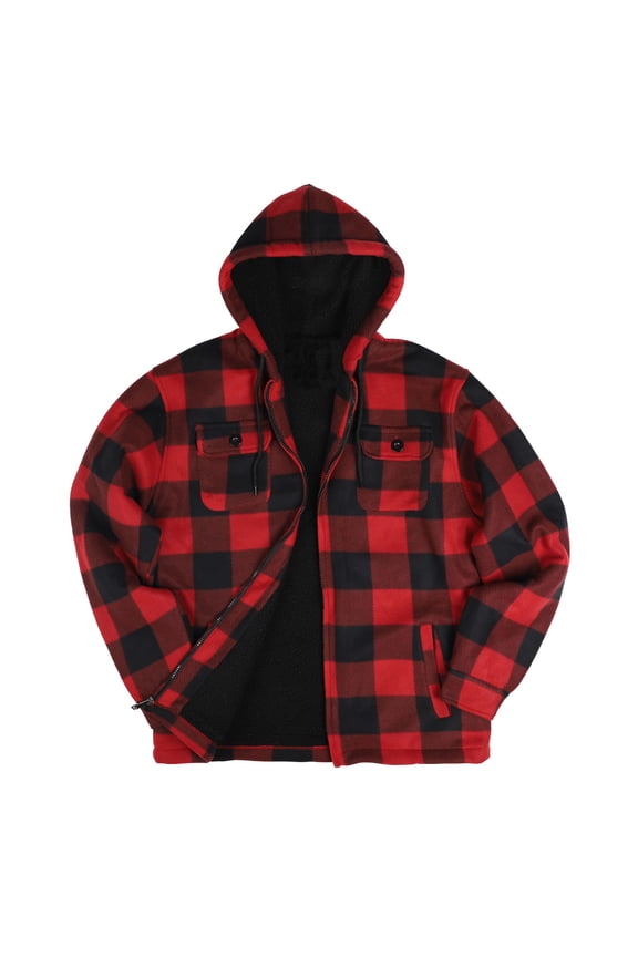 Men's Plaid Sherpa Lined Winter Jacket, Plush Sherpa Lining, Adjustable Drawcord Hood, Extended Length Coat, Plus Size S-5XL
