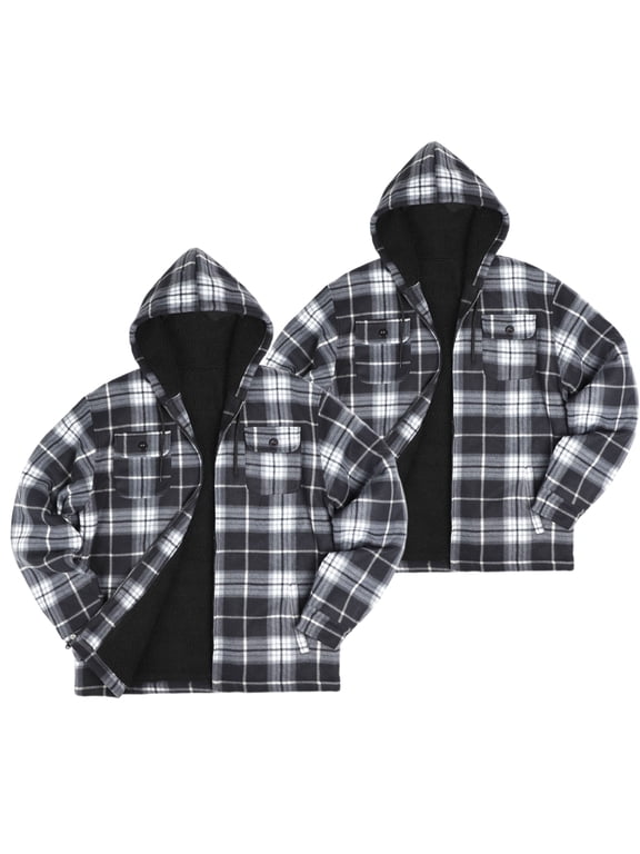 2-Pack Men's Plaid Sherpa Lined Winter Jacket, Plush Sherpa Lining, Adjustable Drawcord Hood, Extended Length Coat, Plus Size S-5XL