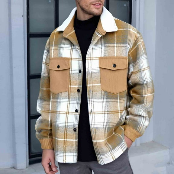 Men's Plaid Shirt Jacket Long Sleeve Buttons Wool Blend Lapel Collar Jacket Coat with Pockets Casual Fall Winter Outdoor Shacket