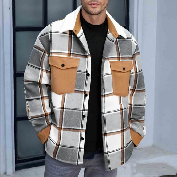 Men's Plaid Shirt Jacket Long Sleeve Buttons Wool Blend Lapel Collar Jacket Coat with Pockets Casual Fall Winter Outdoor Shacket