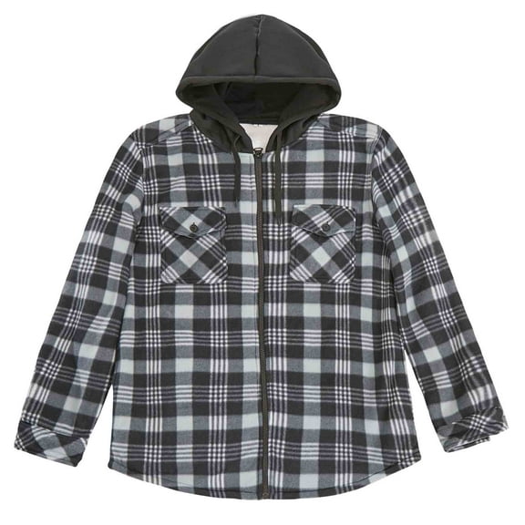 Men's Plaid Shirt with Hood Warm Lined Jacket Long Sleeve Zipper Jacket Black White Size M