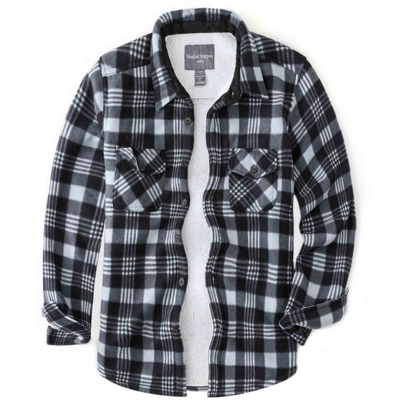 Men's Plaid Shirts Jacket Warm Lined Button Down Jackets Black White Size M
