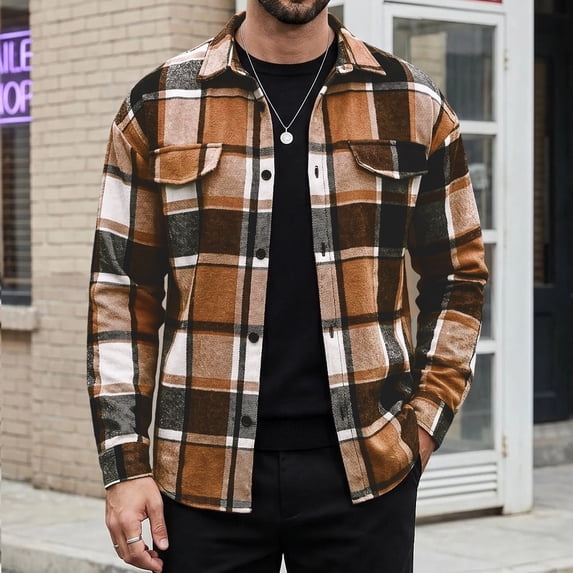 Men's Plaid Shirts Long Sleeve Button Down Vintage Jacket Loose Fit Casual Trendy Spring Fall Coats For Men