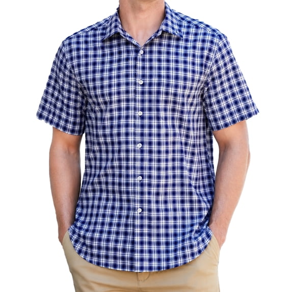Mens Plaid Button Down Shirts Regular Fit Mens Short Sleeve Shirts Men Dress Shirt Oxford Collar Blue