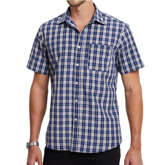 Mens Dress Shirts Plaid Button Down Shirt for Men Short Sleeve Oxford Collar Shirts for Casual Work Wear