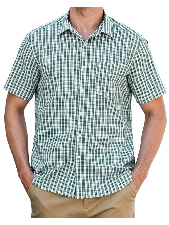 Mens Button Down Short Sleeve Shirts Green Plaid Shirts for Men Dress Shirt Oxford Collar L