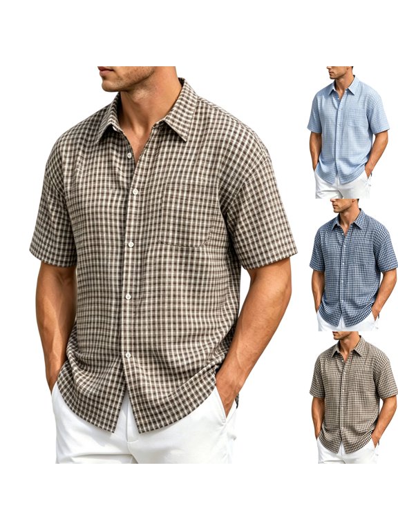 Men's Plaid Short Sleeve Casual Shirt Tops Cotton Blend Loose Fit Button Down Breathable Outdoor Fishing Hiking Summer Vacation Work Outfits Classic Gift | JASKFLY,Coffee M