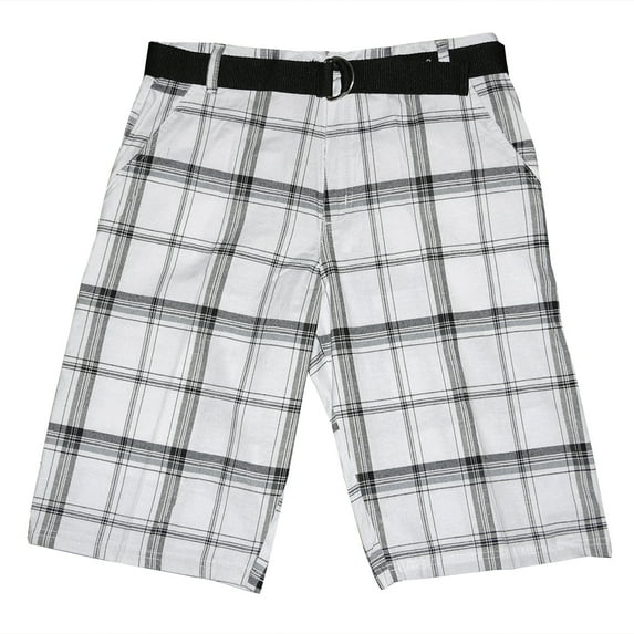 Men's Plaid Shorts Casual Belted 4-Pocket Adjustable Comfort Striped Shorts, White Black, 38