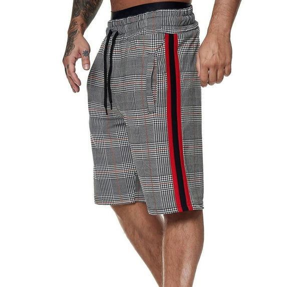 Men's Plaid Shorts Casual Elastic Waist Drawstring Straight Joggers Sport Stripe Loose Pockets Shorts Pants