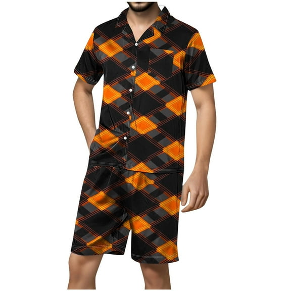 Men's Plaid Sleep Short Set - Satin Button Down Short Sleeve | Summer Loungewear Chest Pocket Minimalist