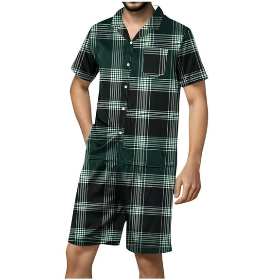 Men's Plaid Sleep Short Set - Satin Button Down Short Sleeve | Summer Loungewear Chest Pocket Minimalist