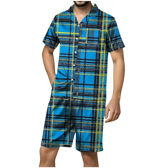 Men's Plaid Sleep Short Set - Satin Button Down Short Sleeve | Summer Loungewear Chest Pocket Minimalist