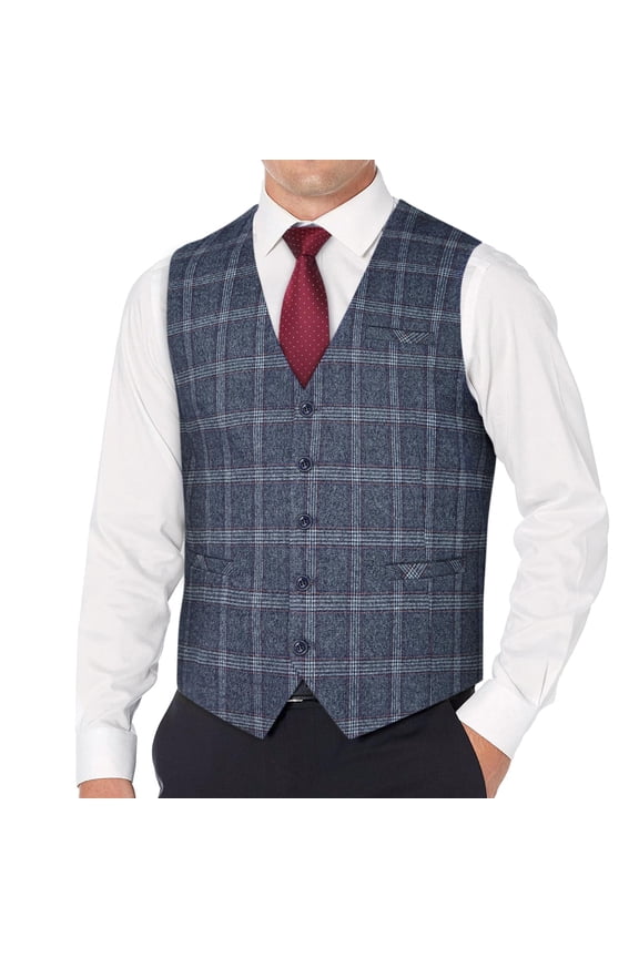 Plaid Vest for Men Business Dress Suit Vests V-neck 3 Pockets Wedding Party Tuxedo Casual Waistcoat