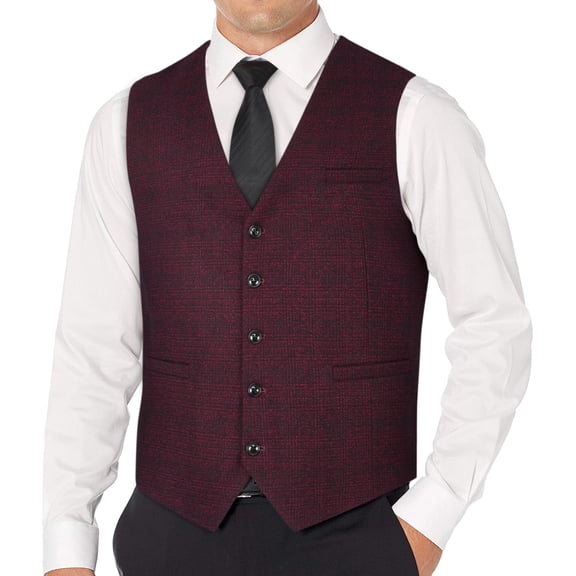 Men's V-Neck Suit Vests Plaid Formal Vest Business Dress Waistcoat Slim Fit Vests for Men 3 Pocket