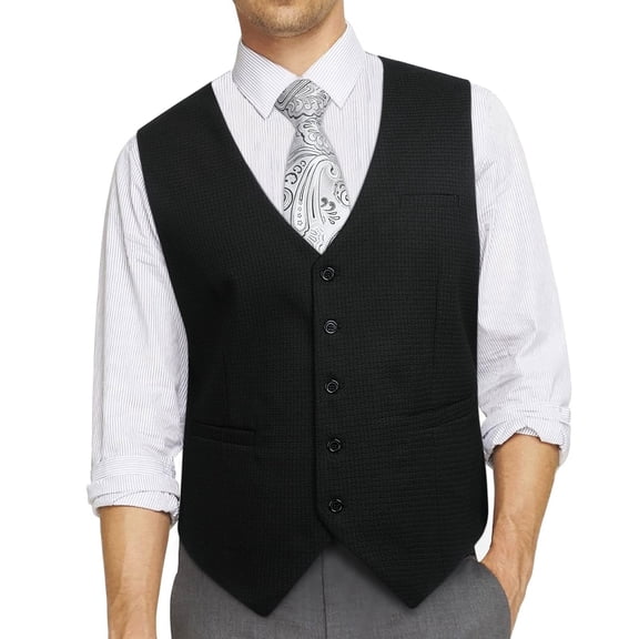 Men Plaid Suit Vest Black Formal Dress Vest V-Neck Slim Fit Waistcoat Business Wedding Party L