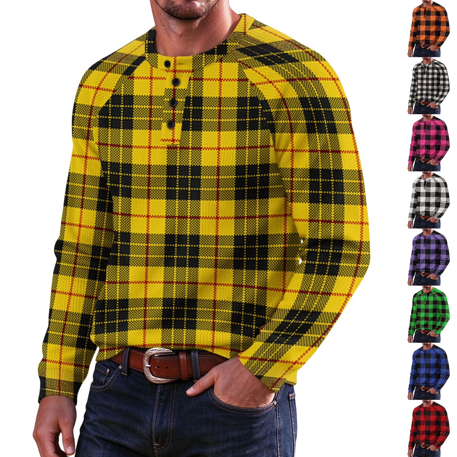 Men's Plaid Sweater Designed With Long Sleeves Button Henley Neck ...