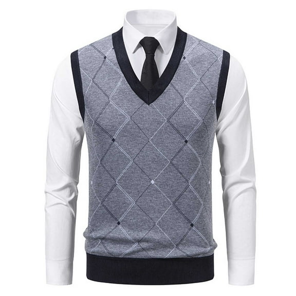 Men's Plaid Sweater Veat V Neck Sleeveless Knitted Pullover Tank Gray L