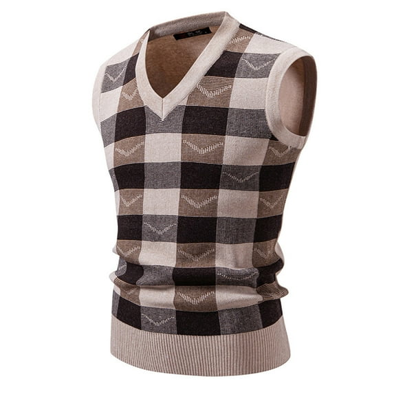Men's Plaid Sweater Vest - Vintage Preppy Style V Neck Sleeveless Casual Slim Fit Pullover Knitwear Waistcoat