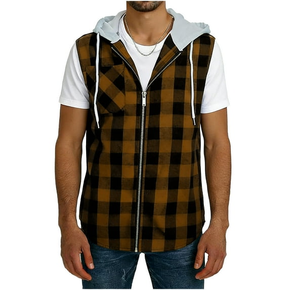 Men's Plaid Sweatshirt Full Zip Sleeveless Hoodie Casual Color Block Vest Summer Streetwear