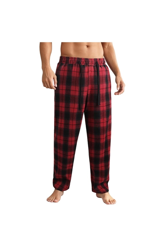 Men's Plaid Trousers Drawstring Waist Baggy Straight Leg Pants with Pocket Flannel Loungewear Polyester