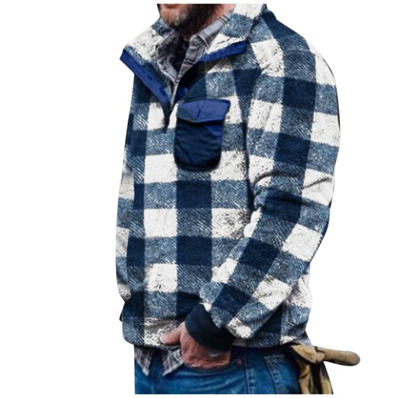 Men's Plaid Turtleneck Plush Sweater - Button Pullover with Pocket, Full Sleeve, Casual Style, All-Season Fit