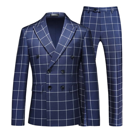 Men's Plaid Tuxedo Suit Double 2-Piece Checkered Set with Suit Jacket and Pants for Prom Wedding