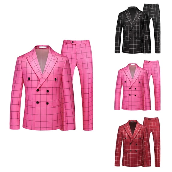 Men's Plaid Tuxedo Suit Double 2-Piece Checkered Set with Suit Jacket and Pants for Prom Wedding