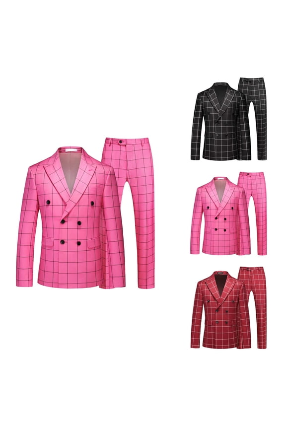 Men's Plaid Tuxedo Suit Double 2-Piece Checkered Set with Suit Jacket and Pants for Prom Wedding