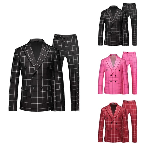 Men's Plaid Tuxedo Suit Double 2-Piece Checkered Set with Suit Jacket and Pants for Prom Wedding