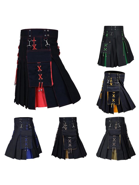 Men's Plaid Utility Kilt Pleated Skirt With Pockets For Themed Events Fair And Parties
