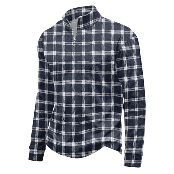 Men's Plaid Waffle Knit Sweatshirt Quarter Zip Pullover Stand Collar Long Sleeve Loose Fit Casual Sweatshirt For Fall Winter Daily Wear, S