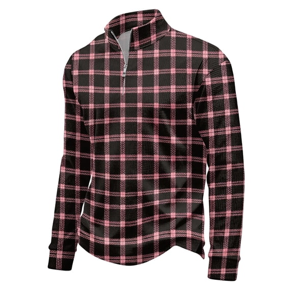 Men's Plaid Waffle Knit Sweatshirt Quarter Zip Pullover Stand Collar Long Sleeve Loose Fit Casual Sweatshirt For Fall Winter Daily Wear, S