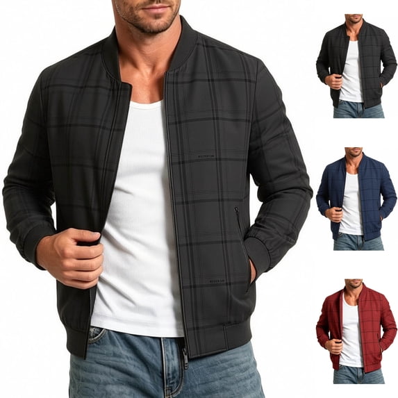 Men's Plaid Windbreaker Varsity Jacket Lightweight Casual Checkered Zip Up Coat with Zip Pockets for Travel Golf Fall Gift for Him, Black, L