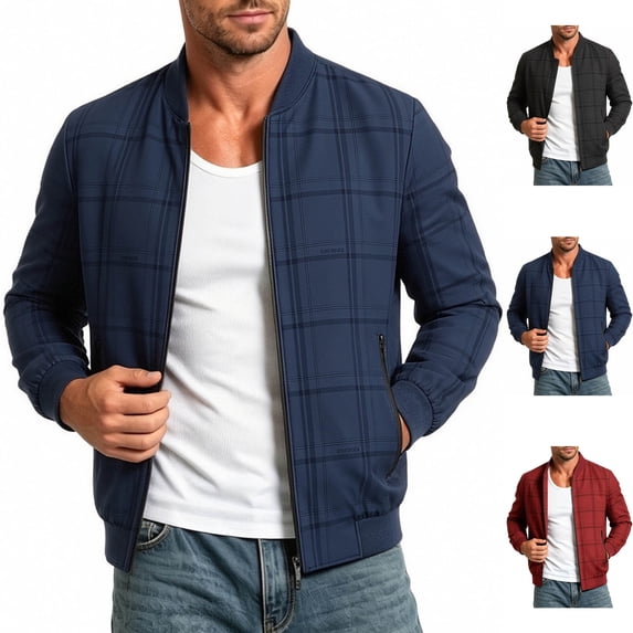 Men's Plaid Windbreaker Varsity Jacket Lightweight Casual Checkered Zip Up Coat with Zip Pockets for Travel Golf Fall Gift for Him, Dark Blue, L