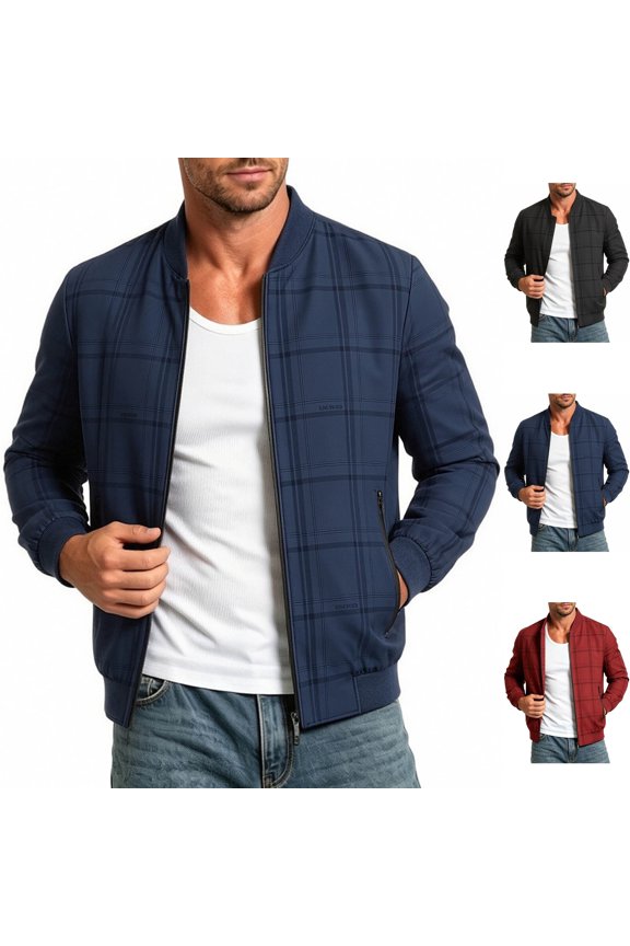Men's Plaid Windbreaker Varsity Jacket Lightweight Casual Checkered Zip Up Coat with Zip Pockets for Travel Golf Fall Gift for Him, Dark Blue, XL