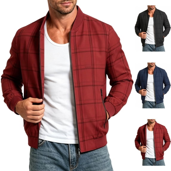 Men's Plaid Windbreaker Varsity Jacket Lightweight Casual Checkered Zip Up Coat with Zip Pockets for Travel Golf Fall Gift for Him, Red, 3XL