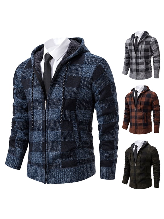 Men's Plaid Zip-Up Hoodie Drawstring Hood Kangaroo Pocket Jacket Versatile Casual Stylish Jackets for Office Travel