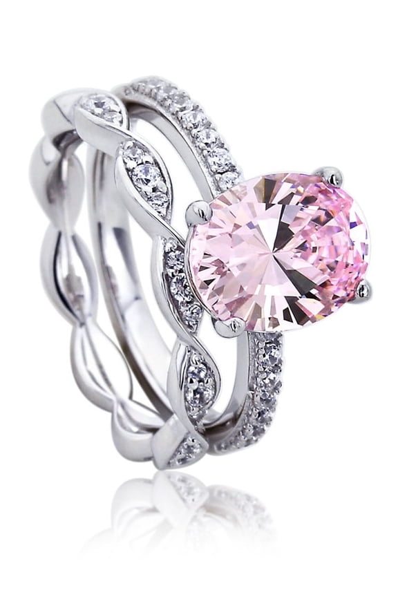 Men's Platinum Plated Sterling Silver 2.5ct Super Light Pink Oval CZ Wedding Bridal Ring Set ( Size 5 to 9 ), 7