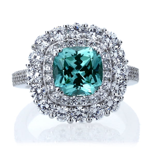 Men's Platinum Plated Sterling Silver 2ct Cushion Ocean Green Color CZ Ladies Cocktail Ring ( Size 5 to 9 )