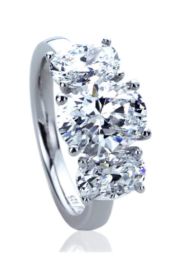 Men's Platinum Plated Sterling Silver 3.5ct Oval CZ Three Stone Wedding Anniversary Ring ( Size 5 to 9 )