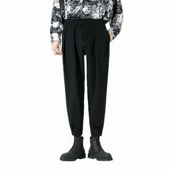 Men's Pleated Dress Pants - Funky High Waisted Casual Tapered Business Work Pants with Pockets