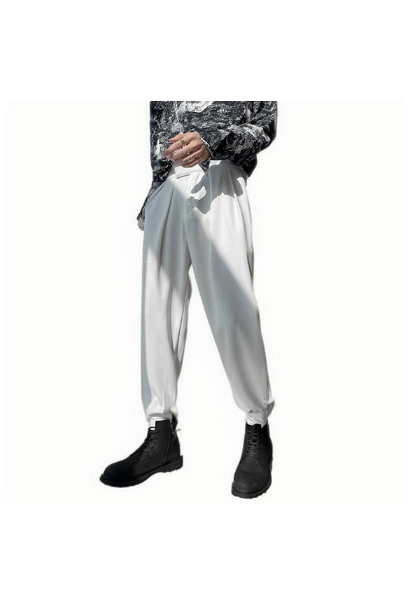 Men's Pleated Dress Pants - Funky High Waisted Casual Tapered Business Work Pants with Pockets