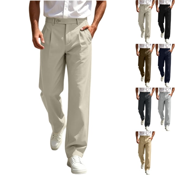 Men's Pleated Dress Pants Straight Leg Slacks Business Casual Trousers Old Money Style with Belt Loops Slant Pockets for Office Work, Beige, XXL