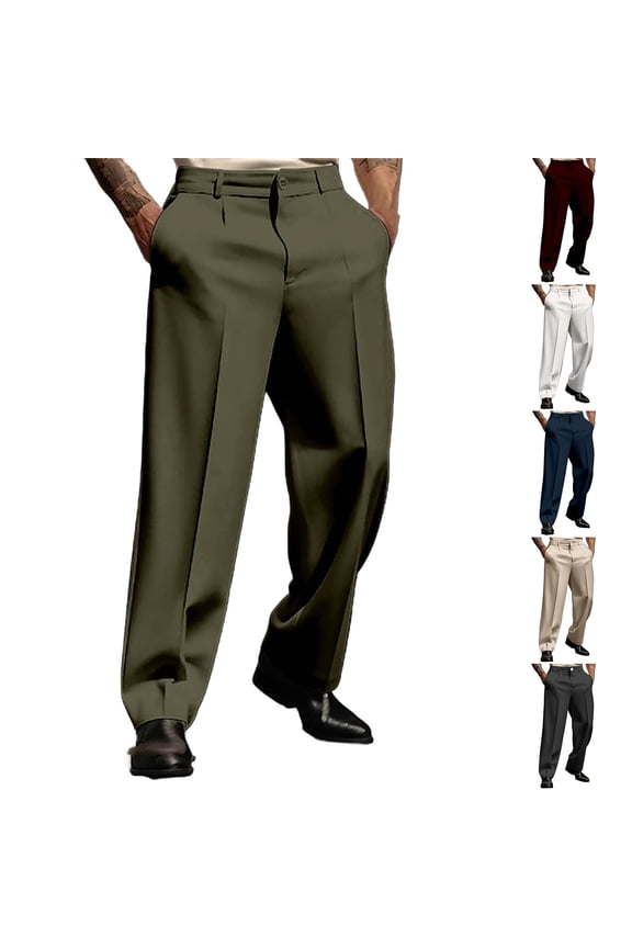 Men's Pleated Front Dress Pants, Wrinkle Free Casual Work Chinos with Stretch Regular Fit Straight Leg for Office and Formal Events,Army Green,S