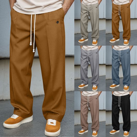 Men's Pleated Pant Casual Comfortable Trousers Stretch Fit Activities Drawstring Yellow Pant