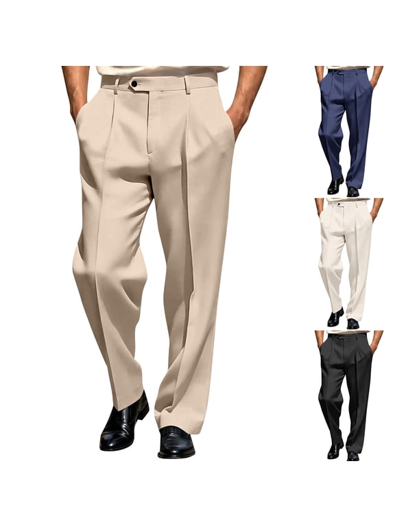 Men's Pleated Straight Leg Dress Pants Elastic Waist Comfort Business Casual Trousers,2XL
