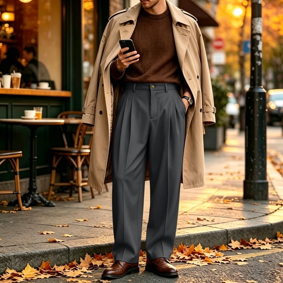 Men's Pleated Trousers Solid Classic Relaxed Fit Suit Pants for Work Wear 3XL