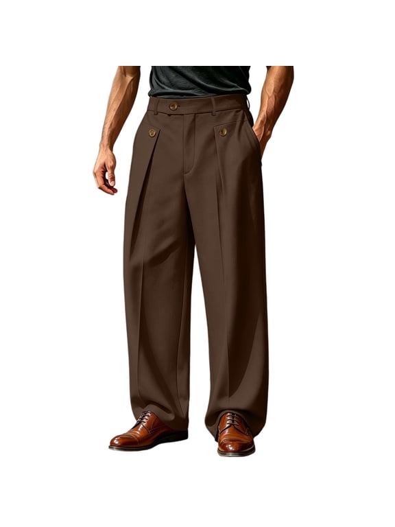 Men's Pleated Wide Leg Dress Pants, High Rise Button Waist, Side Pockets, Front Pleats, Relaxed Fit