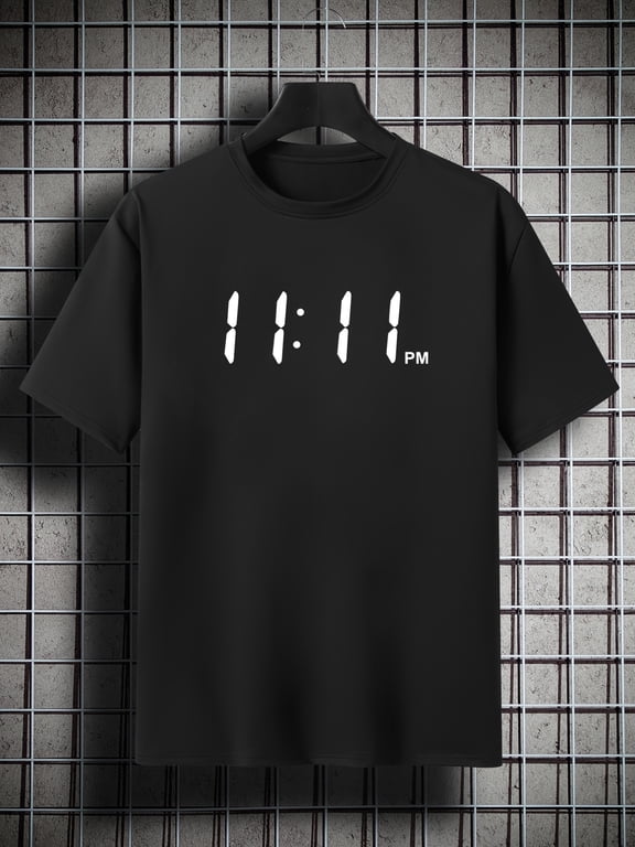 Men's Plus Size '11:11 PM' Print Plain Color Short Sleeve Crew Neck T-shirt, Oversized Casual Clothing For Big And Tall Guys Best Sellers Gifts