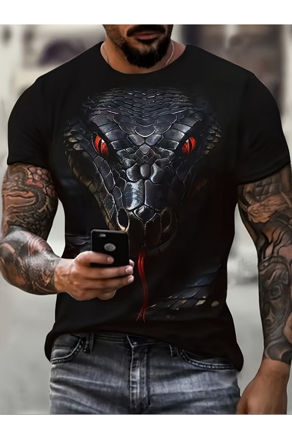 Men's Plus Size 3D Cool Python Printed T-Shirt - Casual and Comfortable, Breathable Polyester, Machine Washable, Plus Size